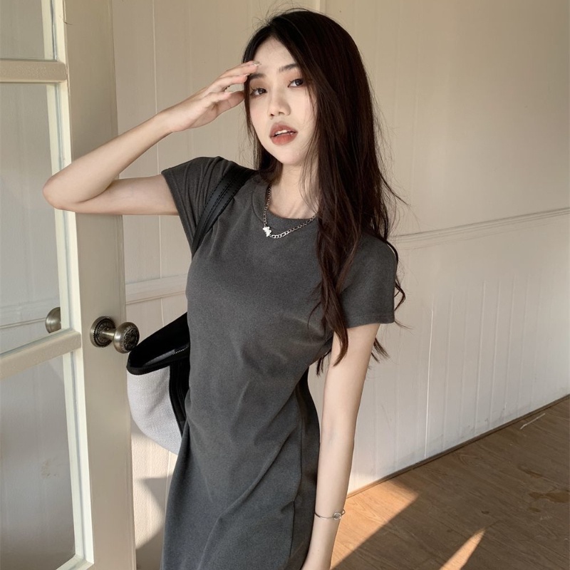 COZOK Đầm Tay Ngắn Cổ Tròn Phong Cách Hàn Quốc Thời Trang Cho Nữ