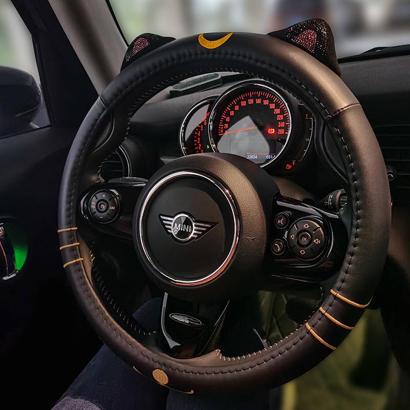 38cm Cartoon Cat Ears Steering Wheel Cover Girl PU Leather Four Seasons Fashion Trending Cute with Diamonds Car Steering Wheel Cover 83xy
