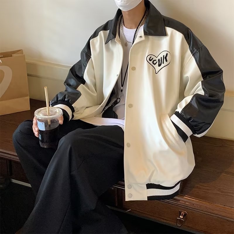 Áo Khoác Da Giả Dáng Rộng Phong Cách Harajuku Trẻ Trung Cá Tính Cho Nam