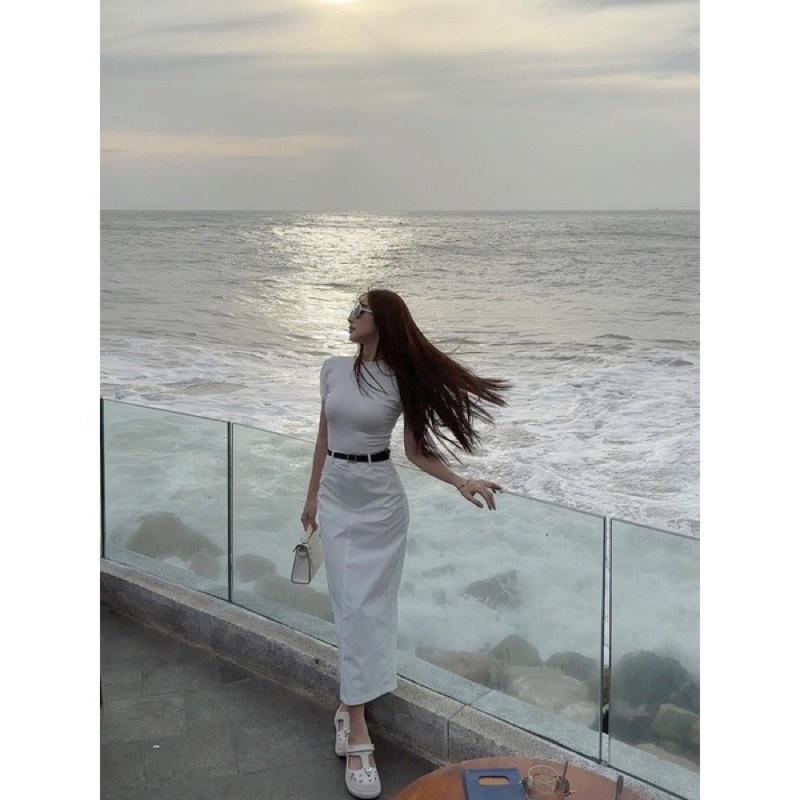 Chân váy kaki from dài dễ phối đồ  kèm áo thun trơn