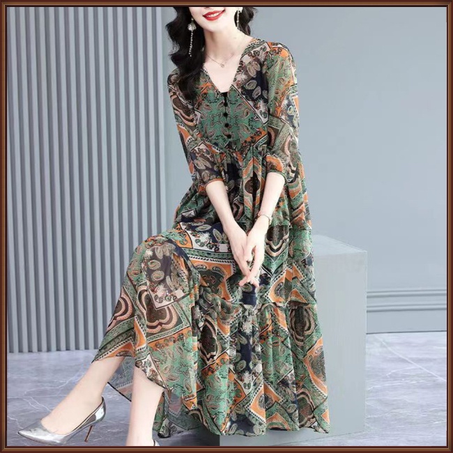 Đầm Tay Ngắn Cổ Chữ V In Họa Tiết Retro Thời Trang Dành Cho Nữ