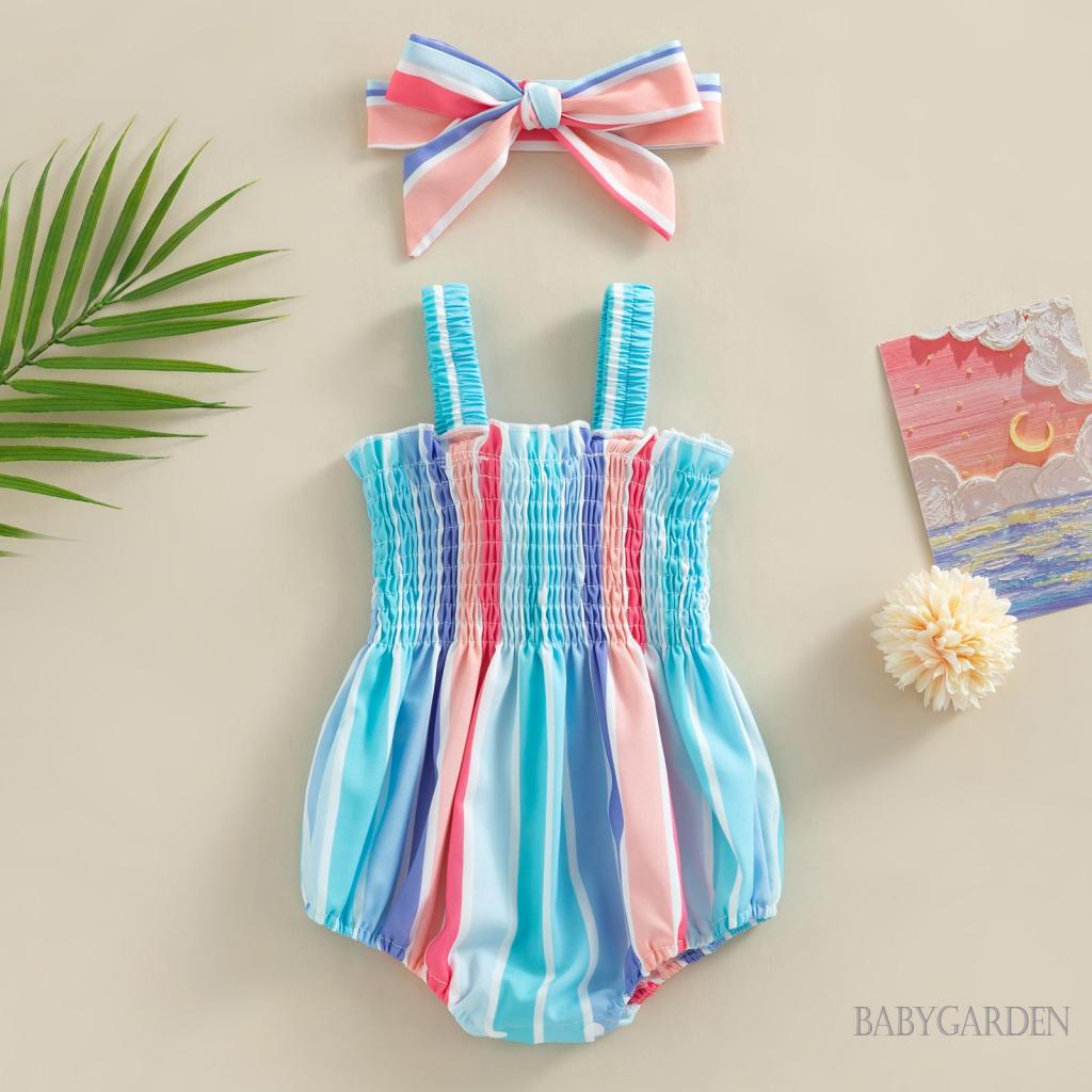 Bộ Áo Liền Quần Không Tay Hở Lưng Nhiều Màu Kèm Băng Đô Dành Cho Bé Gái 0-18 Tháng Tuổi