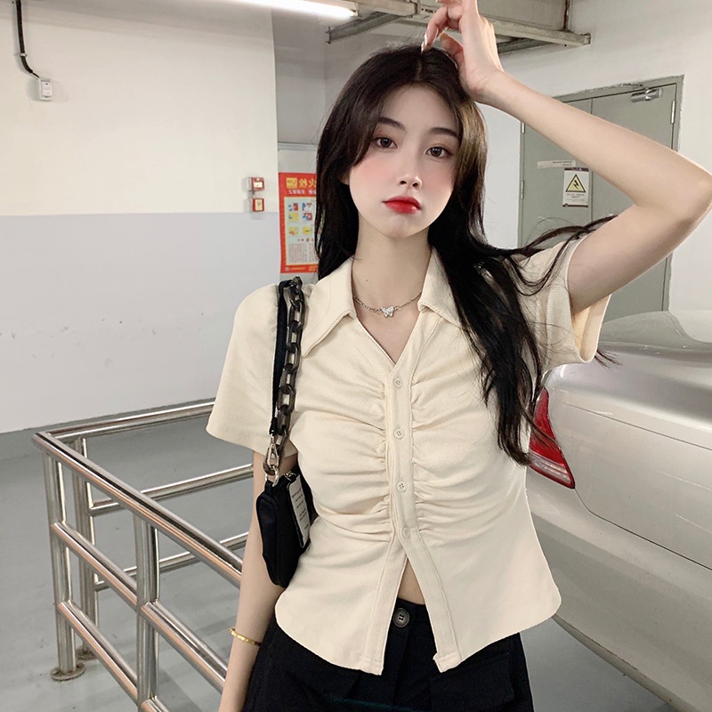 Áo Thun polo Tay Ngắn Hở Vai Trang Trọng Thiết Kế Mùa Hè Xếp Ly Hẹp Eo Hẹp Không Đều Cho Nữ