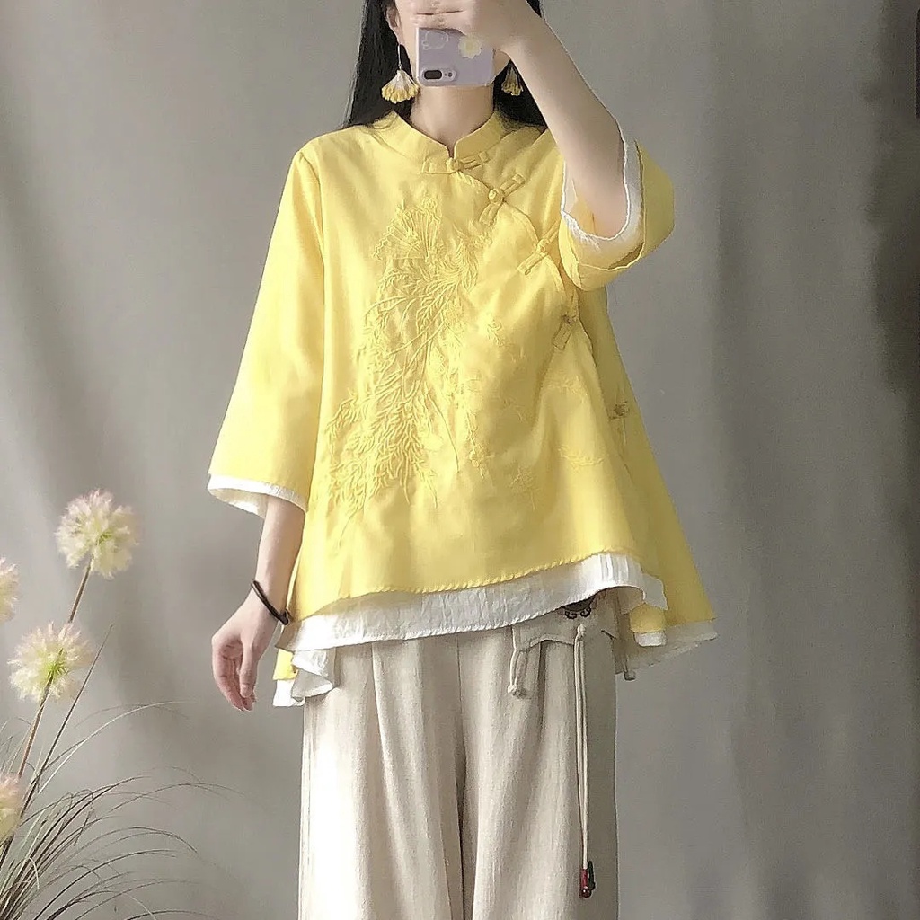 Áo Sơ Mi Vải Lanh Cotton Dáng Rộng Cài Nút Kiểu Trung Hoa Thời Trang Xuân Hè Cho Nữ
