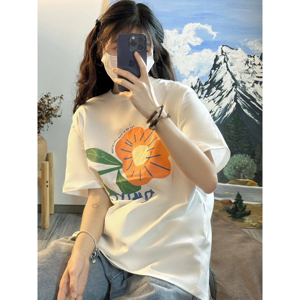 Áo Thun 100% cotton Màu Trắng Dáng Rộng In Họa Tiết Xinh Xắn Thời Trang Mùa Hè Cho Nữ 5101