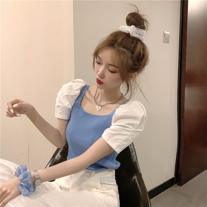 áo croptop dệt kim tay ngắn len trễ vai nữ cổ vuông dáng ôm thời trang mùa hè 2023 phong cách cổ điển dành cho bạn nữ