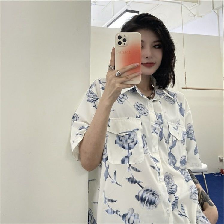 Áo sơ mi voan tay ngắn cổ bẻ in họa tiết hoa phong cách vintage