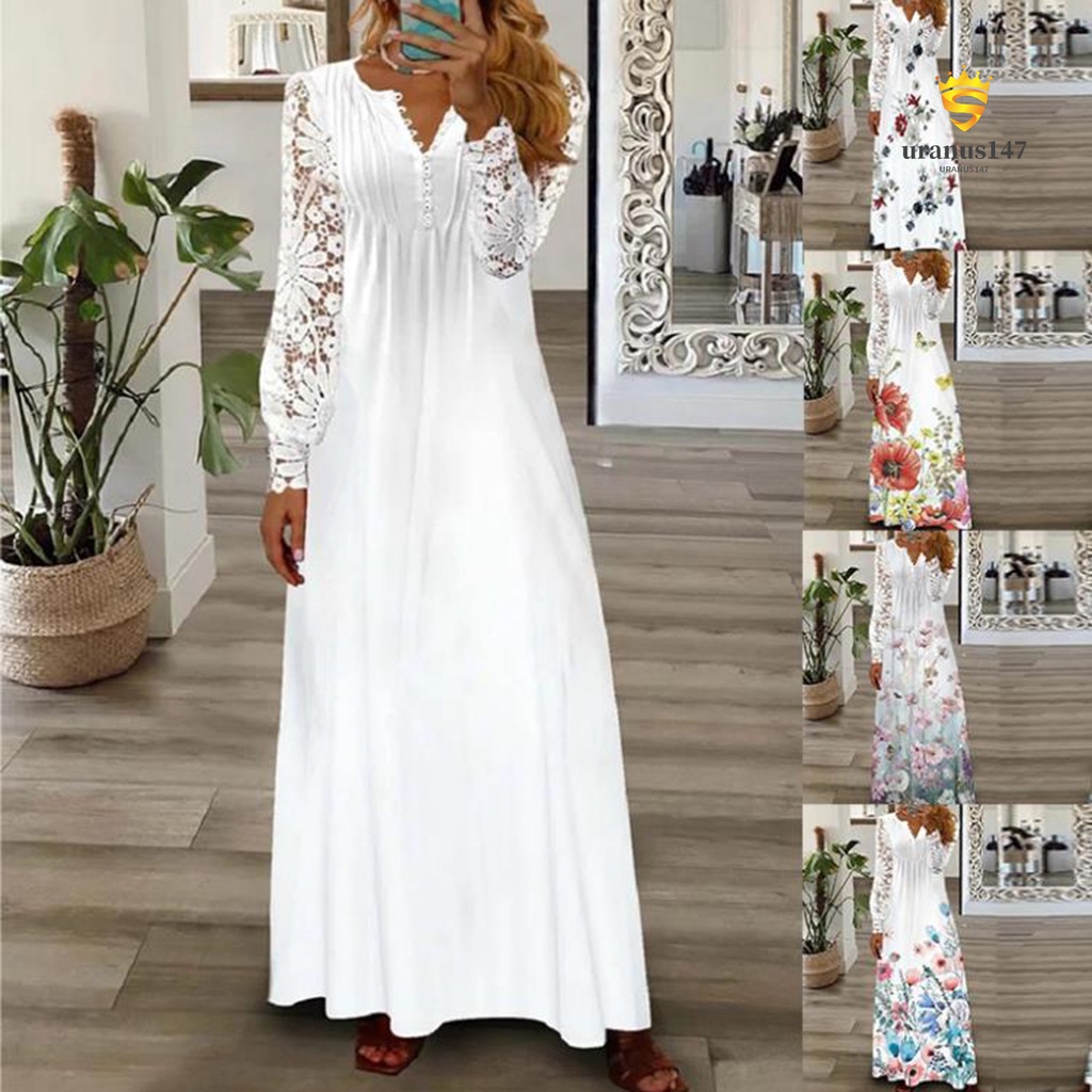 Ur.e Đầm Maxi Tay Dài Cổ Chữ V Phối Ren In Họa Tiết Hoa Thời Trang Xuân Hè Dành Cho Nữ