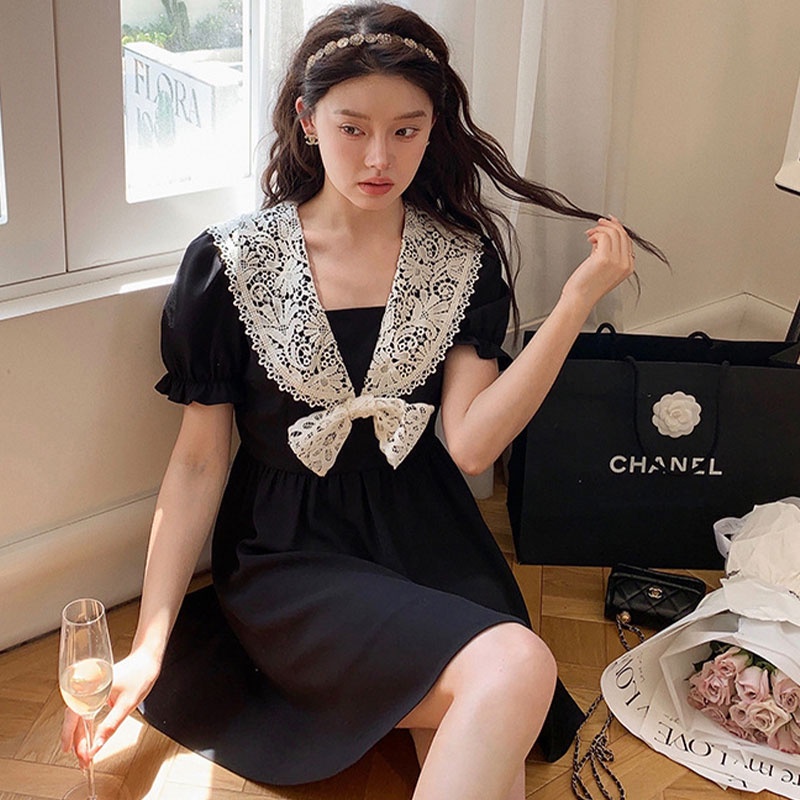 Đầm Đen Cổ Búp Bê Phong Cách vintage Pháp Thời Trang Mùa Hè Cho Nữ