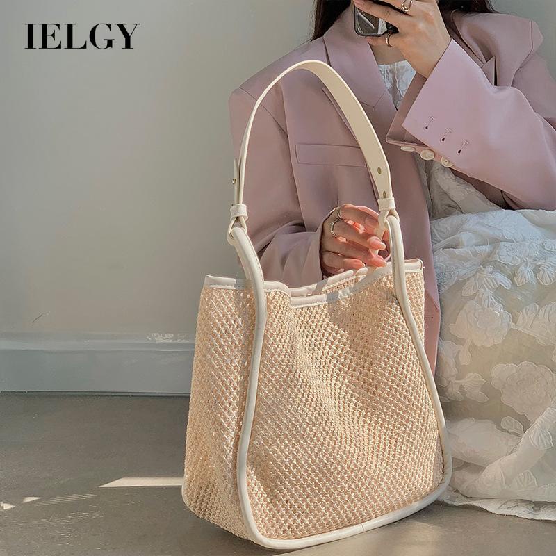 Ielgy Ba Lô Đan Rơm Sức Chứa Lớn Màu Sắc Tương Phản Cá Tính Cho Nữ