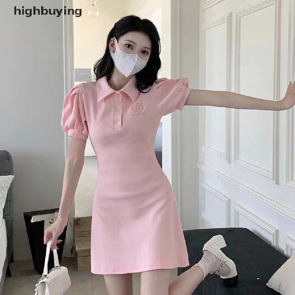 Hbvn Belle Đầm Mini Tay Ngắn Phồng Cài Nút Thời Trang Mùa Hè Hàn Quốc Cho Nữ