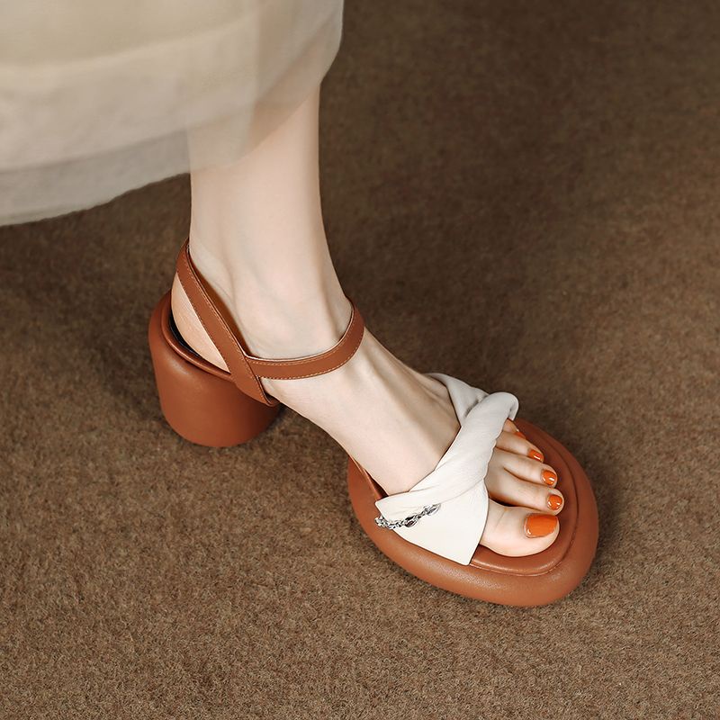 Giày Sandal Cao Gót Bằng Da Thật Đế Mềm Chống Nước Có Dây Cột Dành Cho Nữ