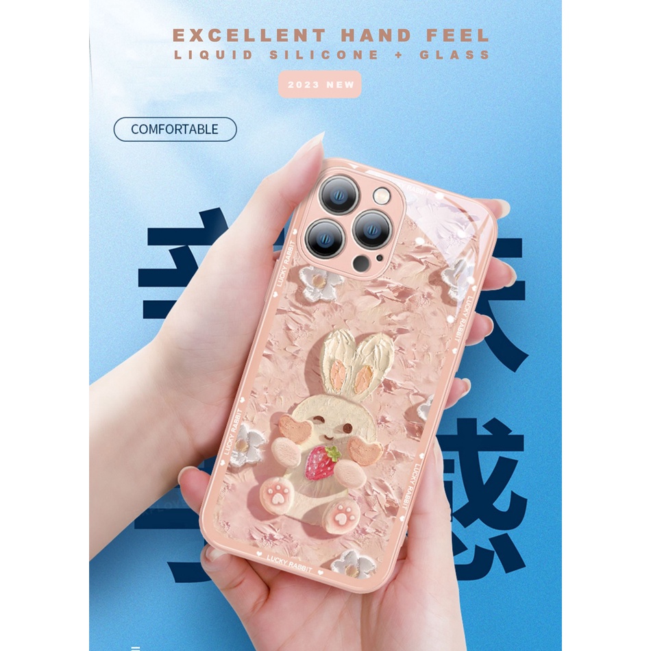 Ốp Điện Thoại Silicon Mềm Mặt Kính Cường Lực Hình Thỏ Cho iPhone 11 12 13 14 Pro MAX Plus X XR XS MAX 7 8 Plus SE 2020 14Pro