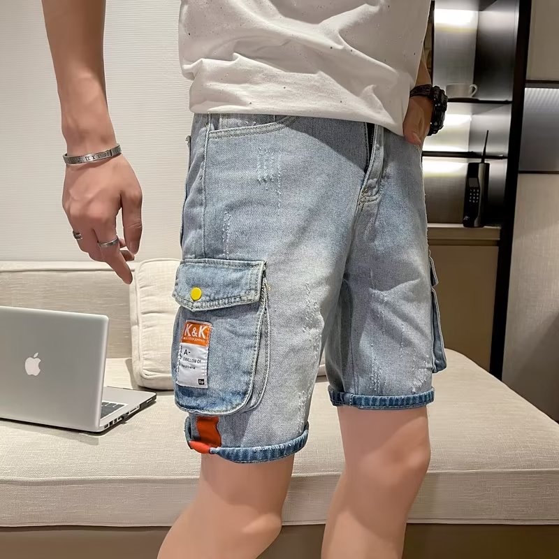 Quần Short Denim Phối Nhiều Túi Phong Cách Đường Phố Cá Tính Cho Nam