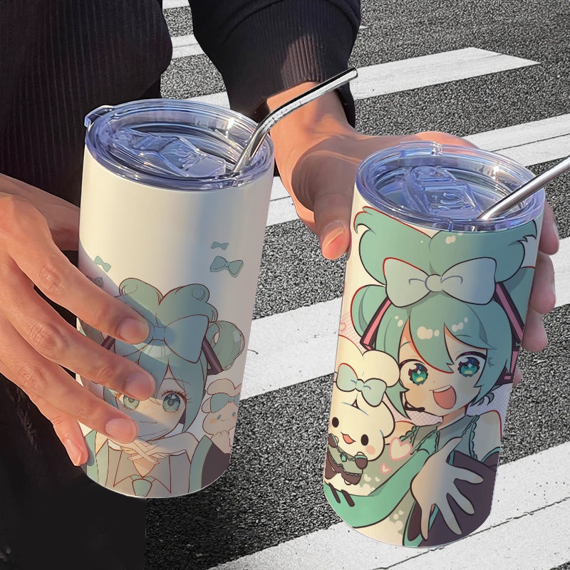 Cốc Giữ Nhiệt Bằng Thép Không Gỉ Có Ống Hút In Hình Anime Hatsune Miku