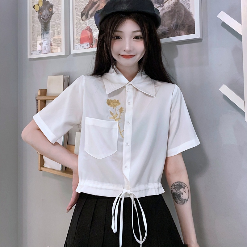 Áo Sơ Mi Crop top Tay Ngắn Thêu Họa Tiết Thời Trang Mùa Hè Hàng Mới Dành Cho Bạn Nữ