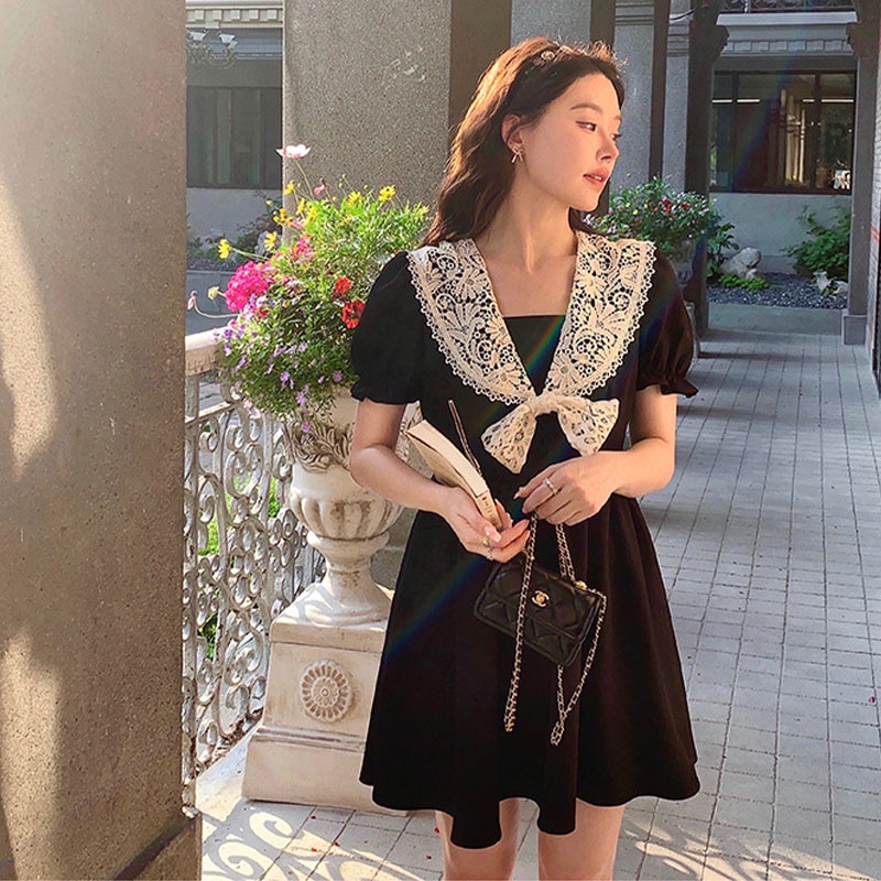 Đầm Đen Cổ Búp Bê Phong Cách vintage Pháp Thời Trang Mùa Hè Cho Nữ