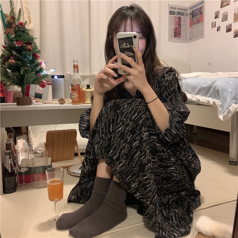 IELGY   Đầm Hoa Cổ Chữ v Chiết Eo Phong Cách Pháp Thanh Lịch Cho Nữ