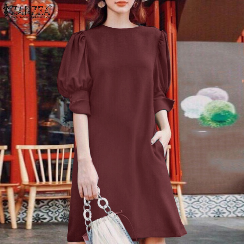 Đầm ZANZEA tay phồng cổ tròn màu trơn phong cách châu Âu thời trang cho nữ