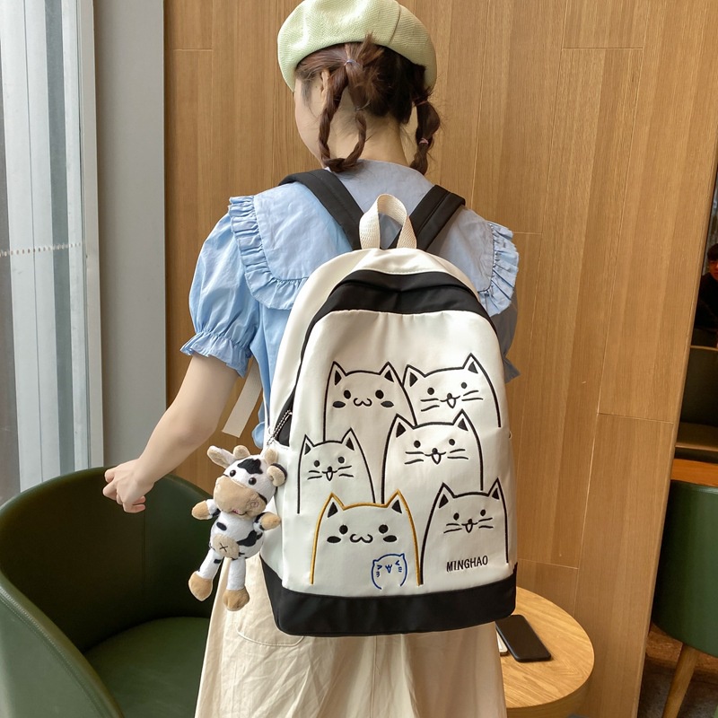 Bololo Ba Lô Đi Học Thêu Họa Tiết Mèo Hoạt Hình Xinh Xắn Theo Phong Cách Hàn Quốc