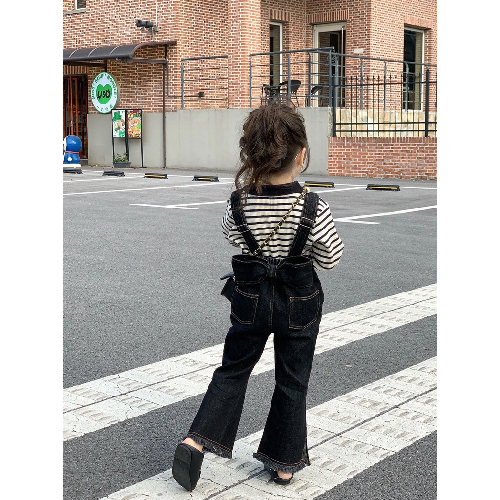 Set Áo Sơ Mi Kẻ Sọc + Quần Yếm Denim Thời Trang Xuân 2023 Xinh Xắn Cho Bé Gái