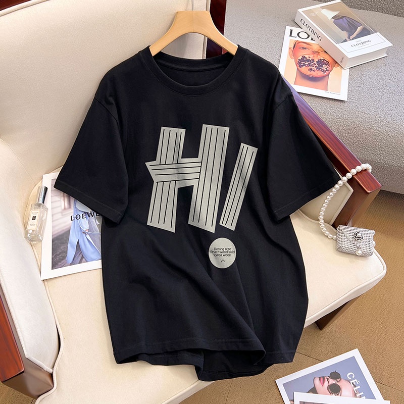 Áo Thun Đen 100% Cotton Tay Ngắn Dáng Rộng Phong Cách Hàn Quốc Cho Nữ Có Size 5XL