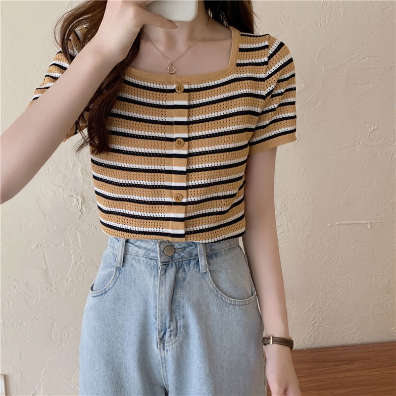 Áo Thun Dệt Kim Ngắn Tay Cổ Vuông Họa Tiết Kẻ Sọc Thời Trang Mùa Hè Mới