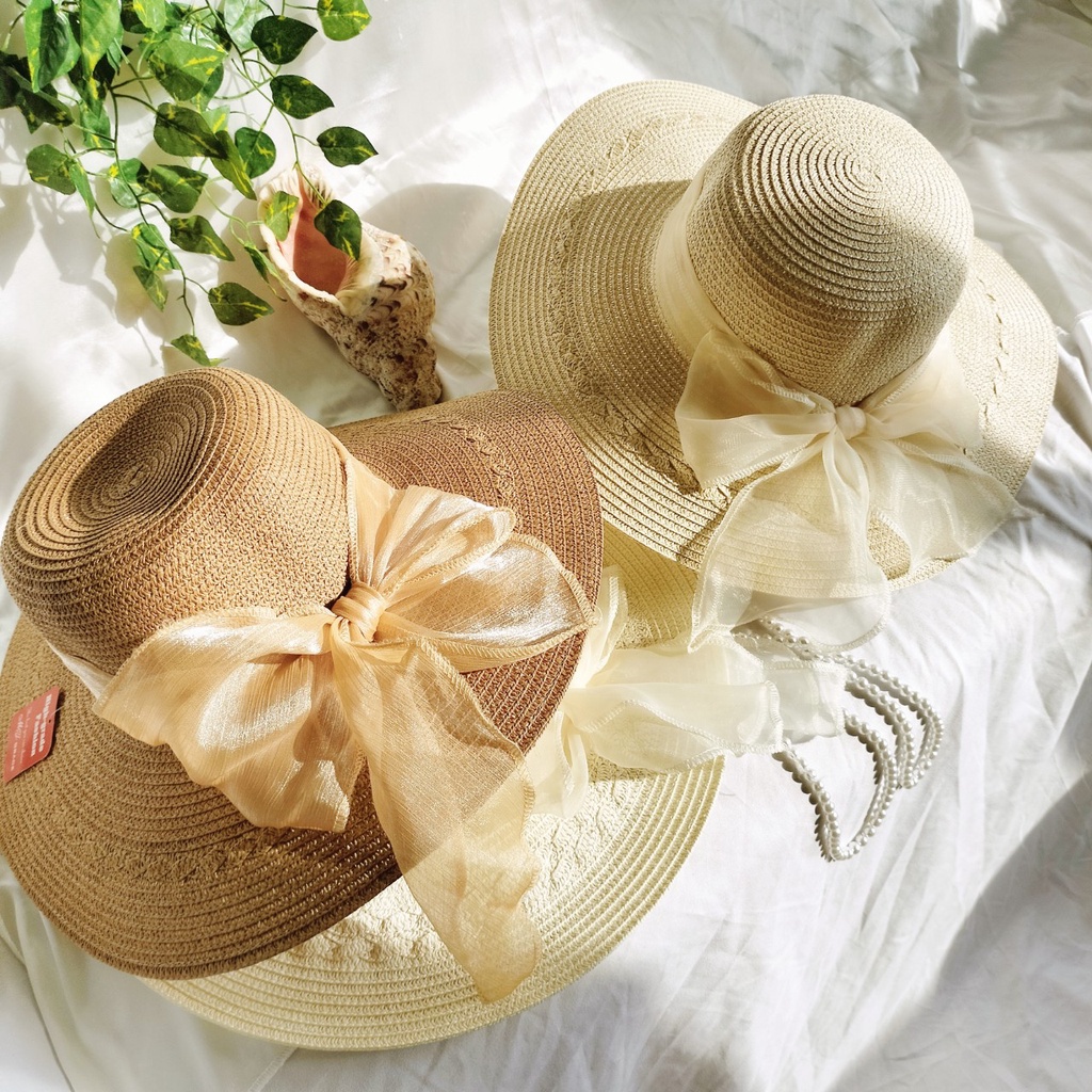 Nón cói,Mũ cói đi biển nữ vành rộng nơ voan to phong cách vintage có quai đeo chống bay (hình chụp thật)-vr nơ voan