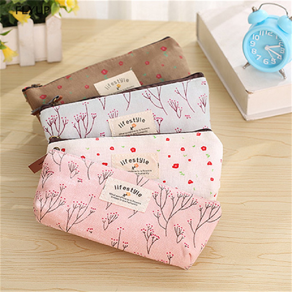 Túi Đựng Bút Bằng Vải Canvas In Hoa Đáng Yêu Có Khóa Kéo