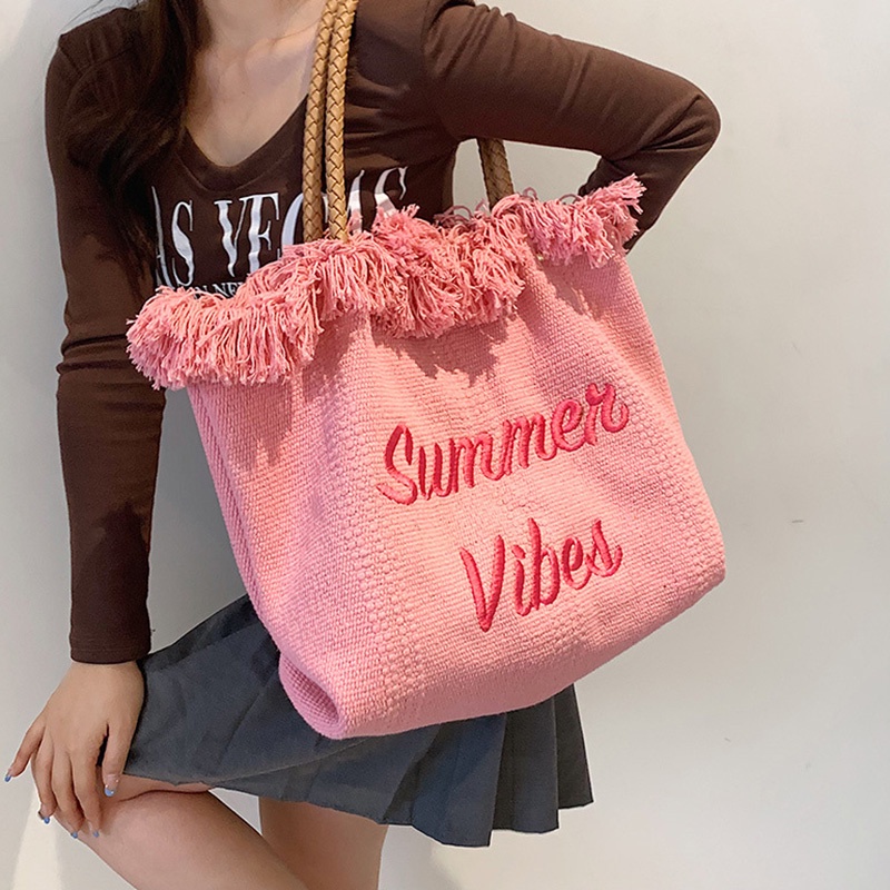 Túi Đeo Vai Bằng Vải canvas Cỡ Lớn In Họa Tiết Màu Hồng Dễ Phối Đồ Thời Trang Cho Nữ