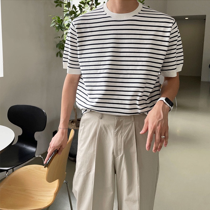 Áo Thun Dệt Kim Mỏng Cổ Tròn Tay Ngắn Dáng Rộng In Họa Tiết Kẻ Sọc Phong Cách Nhật Bản Thời Trang Mùa Hè Cho Nam