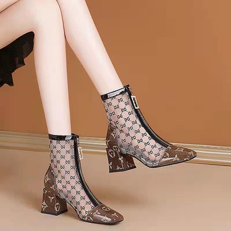Giày Boot Mũi Vuông Phối Lưới Thoáng Khí Thiết Kế Mới Thời Trang Dành Cho Nữ