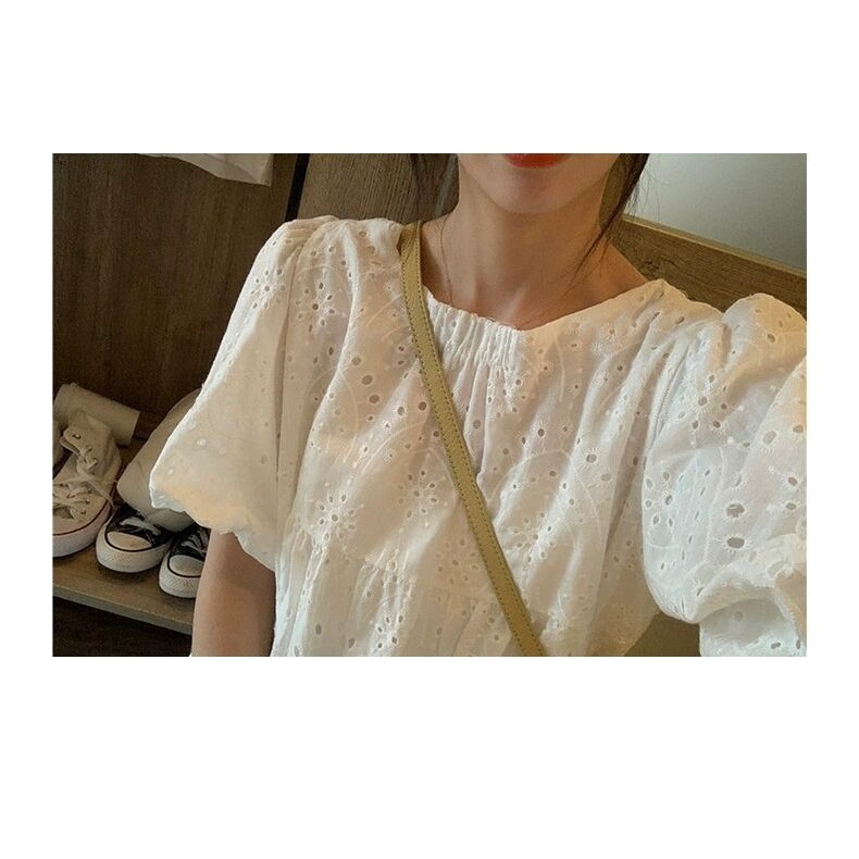 Áo Sơ Mi Tay Ngắn Phồng Thêu Họa Tiết Thời Trang Mùa Hè 2023 Cho Nữ