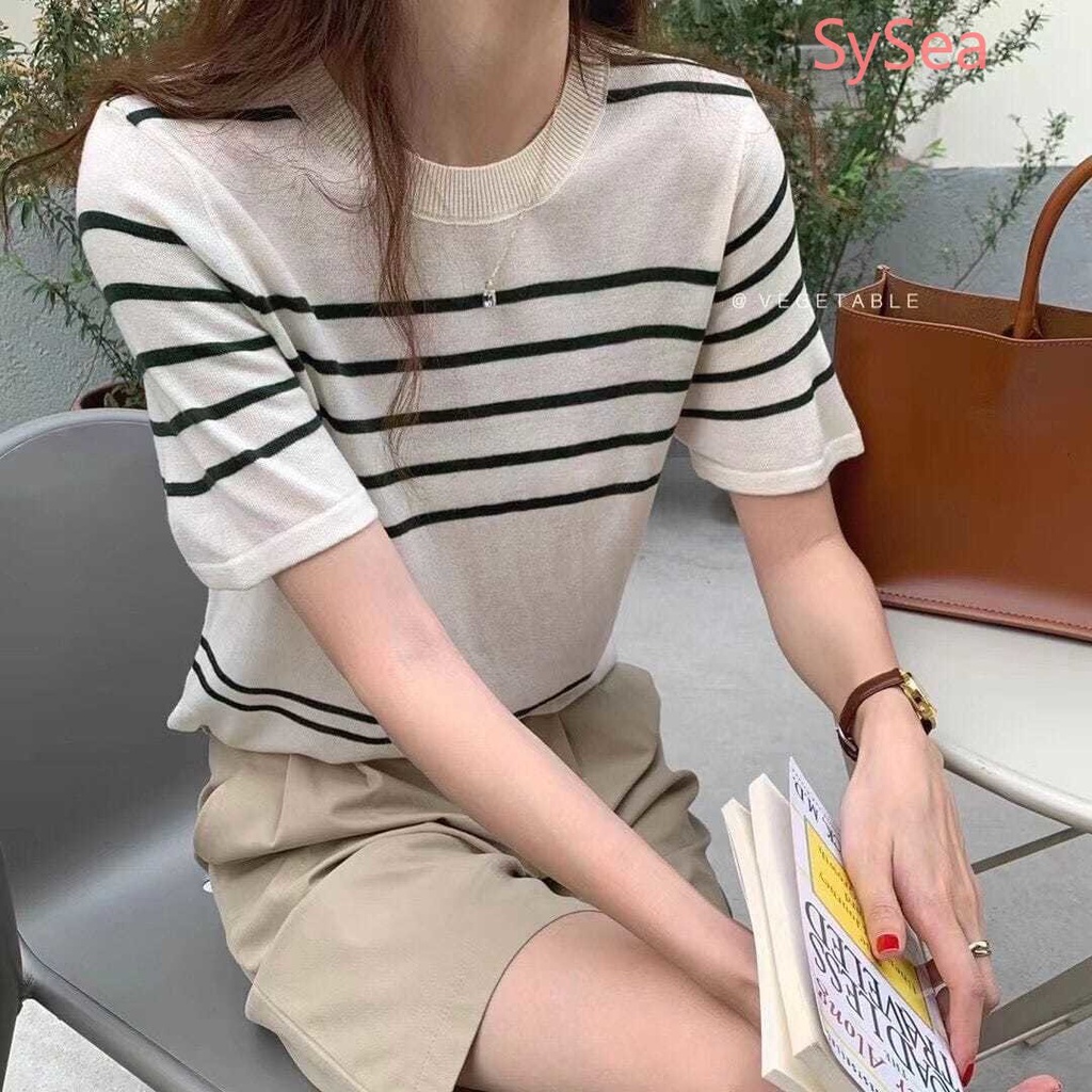 Áo Dệt Kim Cổ Tròn Kẻ Sọc Thời Trang Pháp Cho Nữ