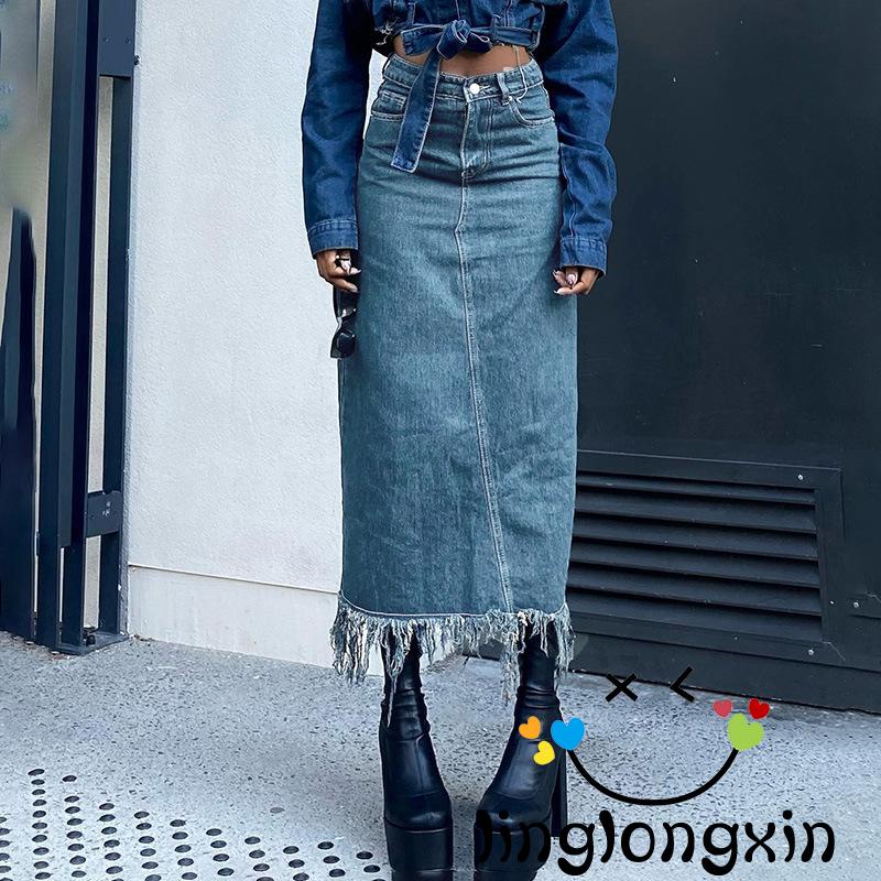 Chân Váy Denim Lưng Cao Màu Trơn Phối Tua Rua Thời Trang Đường Phố Linglongxi2 y2k 2000s