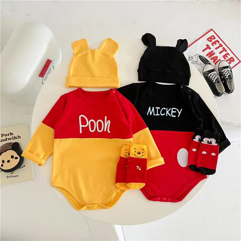 Bộ Đồ Liền Thân Tam Giác Tay Dài Vải Cotton Mềm Mại In Hoạt Hình Gấu Vàng Dễ Thương Cho Bé Từ 0-2 Tuổi