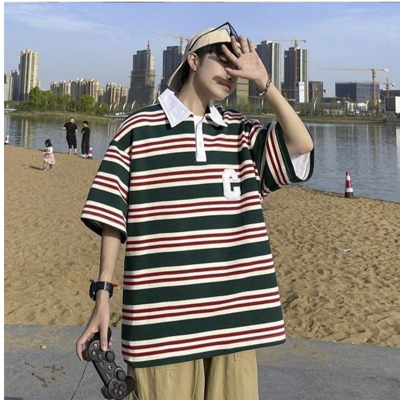 Áo polo Tay Ngắn Dáng Rộng Họa Tiết Kẻ Sọc Thêu Chữ Thời Trang Mùa Hè 2023 Mới Cho Nam