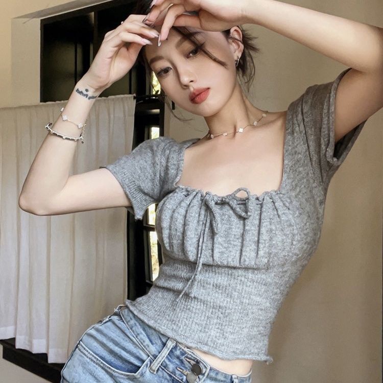Áo Thun Tay Ngắn Cổ Vuông Phối Dây Rút Thời Trang Quyến Rũ Cho Nữ