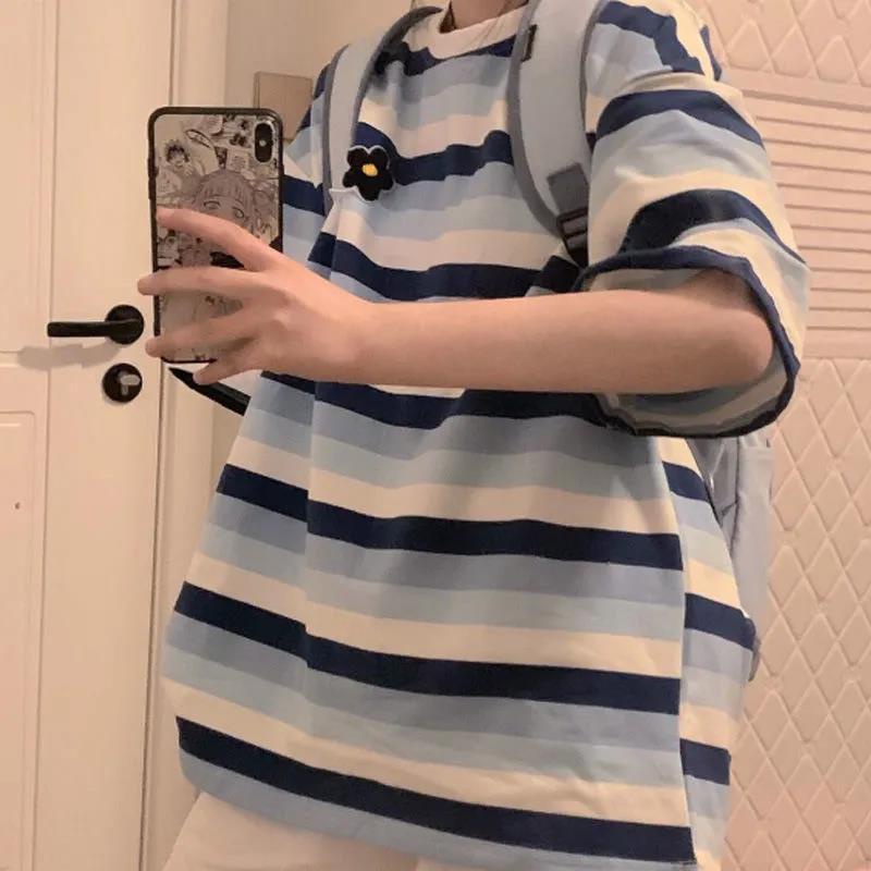 Áo Thun Tay Ngắn Dáng Rộng Họa Tiết Sọc Thêu Thiết Kế Mới Thời Trang Dành Cho Nữ