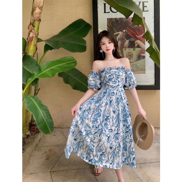 Đầm Ngắn Hai Dây Không Đều Họa Tiết Hoa Màu Xanh Dương Phong Cách Hàn Quốc Kiểu Mới Cho Nữ