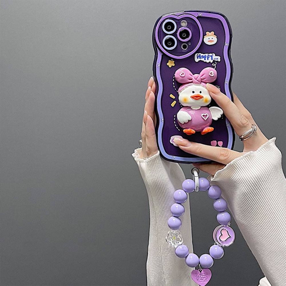 Ốp Điện Thoại TPU Dẻo Họa Tiết Chú Vịt 3D Dễ Thương Chống Sốc Kèm Vòng Đeo Tay Cho IPhone 11 12 13 14 Pro Max 14 Plus