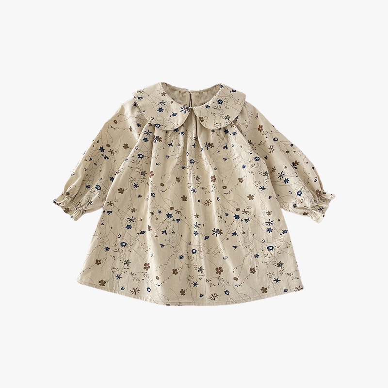 Hàng Có Sẵn Đầm Cotton Nguyên Chất Tay Dài Cổ Búp Bê In Hoa Thời Trang Hàn Quốc Ngọt Ngào Cho Bé Gái