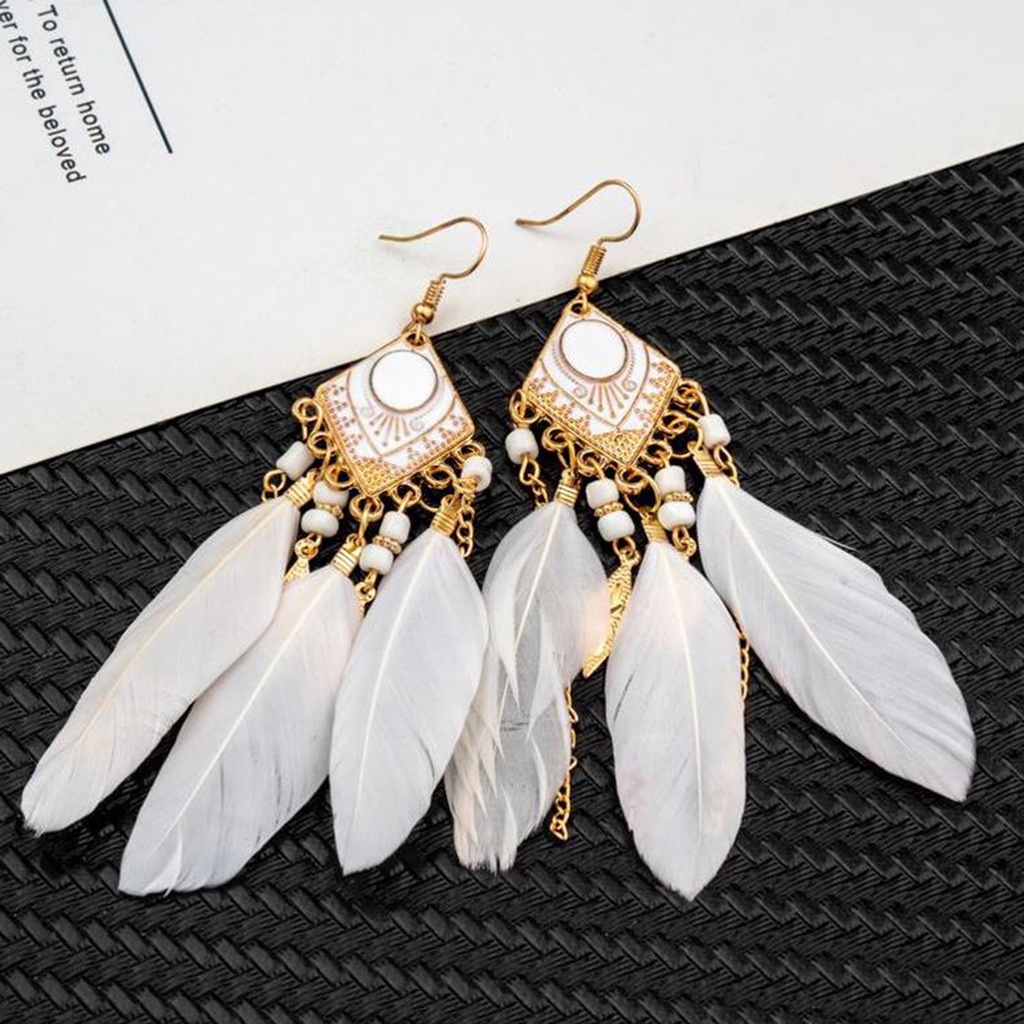 1 Đôi Bông Tai Hình Chữ Nhật Đính Lông Vũ Tua Rua Phong Cách Bohemian