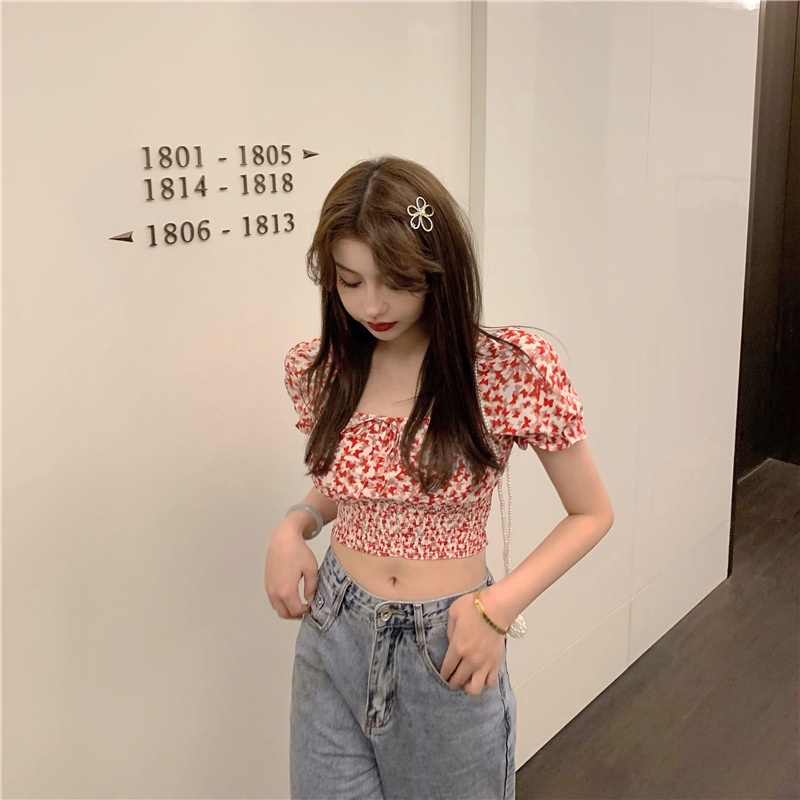IELGY     Áo Thun Tay Phồng In Họa Tiết Bươm Bướm Dễ Thương Phong Cách Pháp Thời Trang Cho Nữ