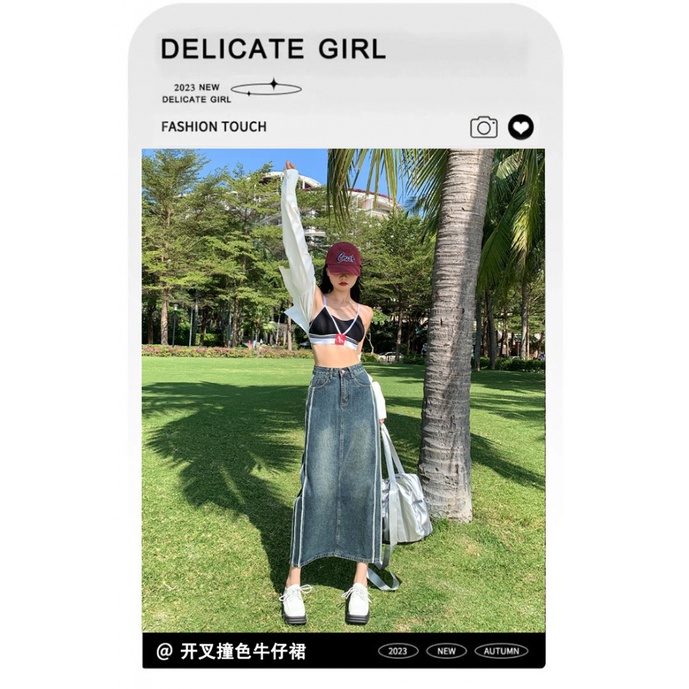 High waist denim skirt for women 2023 retro A- line mid-length slimming contrast color split hip skirt DKRR