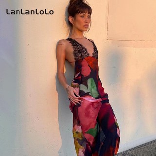 LanLanLo Nữ In Hình Cổ Chữ V Ren Gợi Cảm Lưng Slim Fit Đầm Thời Trang