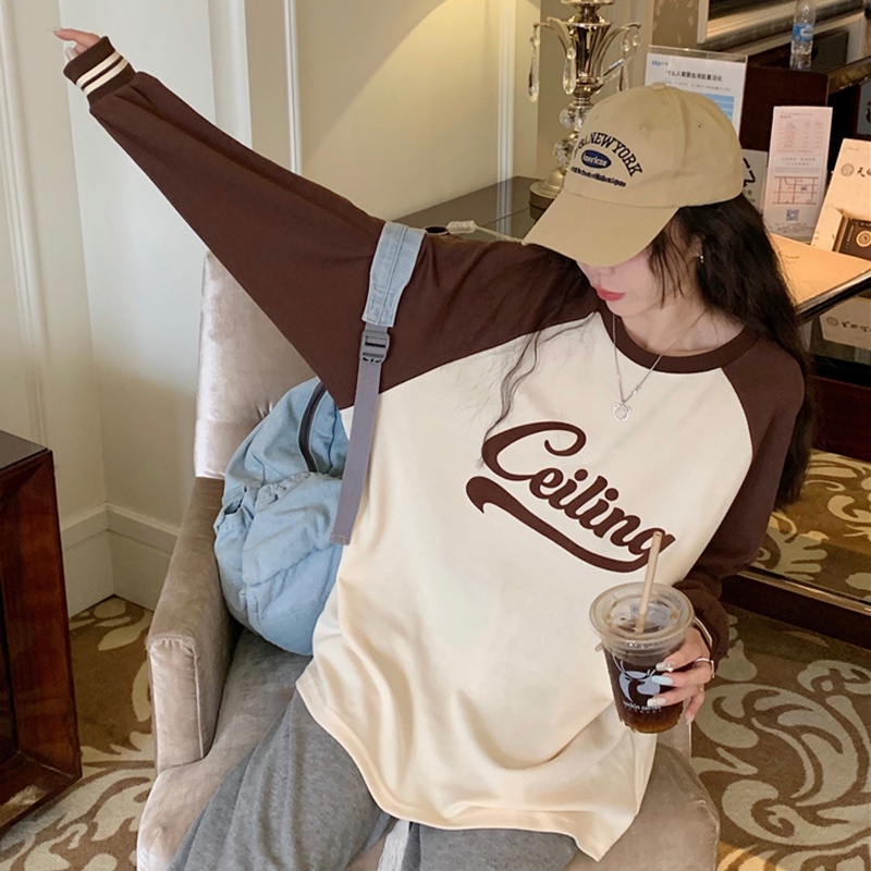 IELGY  Áo sweater Tay raglan In Chữ Phong Cách retro Mỹ Cho Nữ