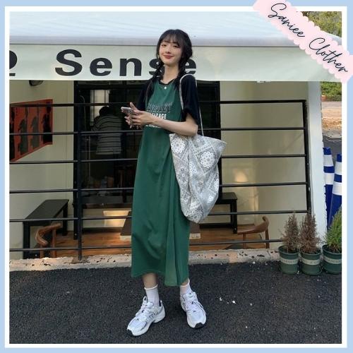 Váy thun nữ dáng suông cổ tròn ulzzang đầm xuông nữ form rộng tay lỡ phối màu thoáng mát năng động Saniee Clother