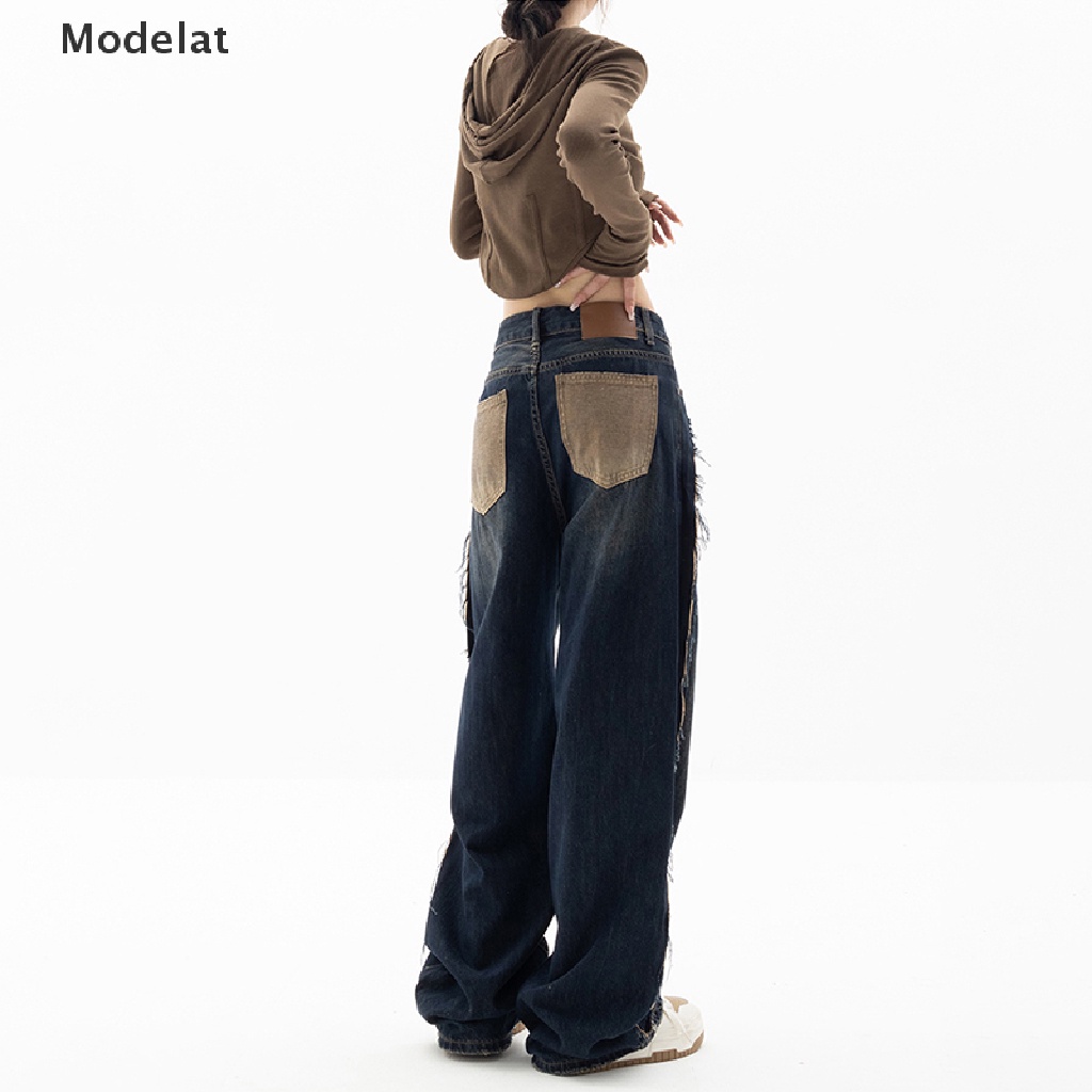 Quần jean nữ GJCUTE MFC ống rộng lưng cao màu xanh đậm phong cách harajuku đường phố vintage thời trang