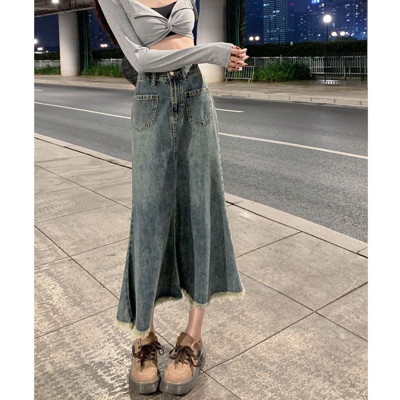 Chân váy jean Đuôi Cá Dáng Chữ A Viền Thô Phong Cách Vintage Thời Trang Mùa Hè Dành Cho Bạn Nữ